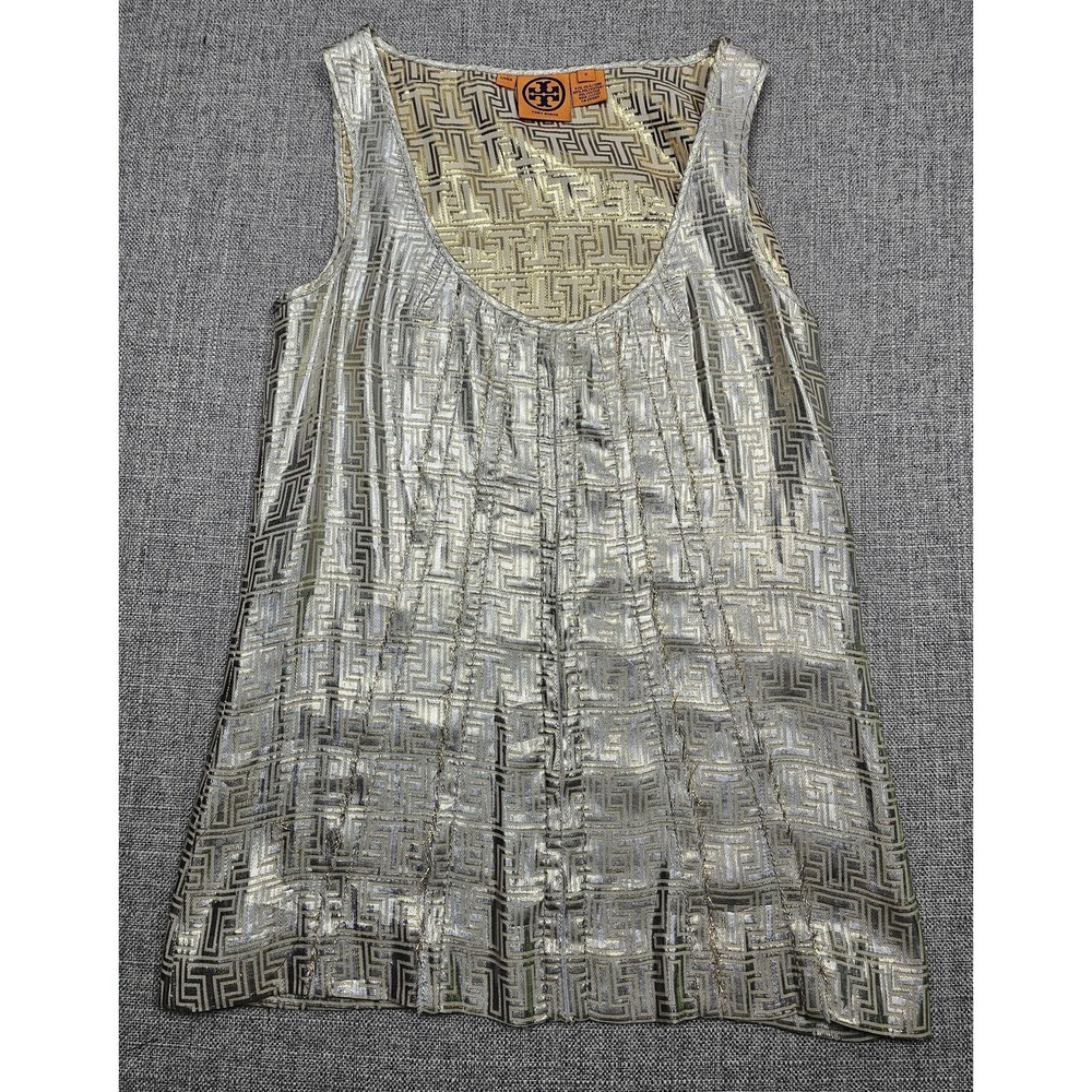Tory Burch Tank Top Womens 2 Gold Silver Metallic Silk Blend Sleeveless Zip Back